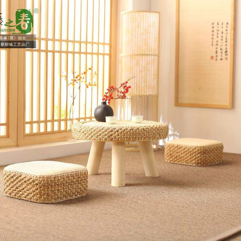 New straw woven small round tea table futon tatami stool bay window straw mat combination