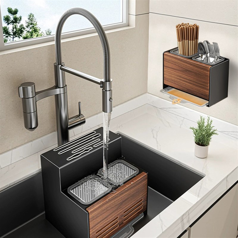 胡桃木刀架筷子筒一体免打孔可拆卸厨房菜刀置物架筷子收纳盒筷笼 - 图3