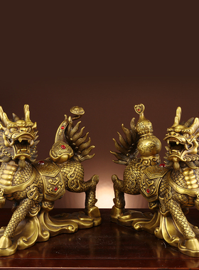 铜火焰麒麟摆件一对纯铜家用办公室工艺品店铺中式装饰Z物开业礼