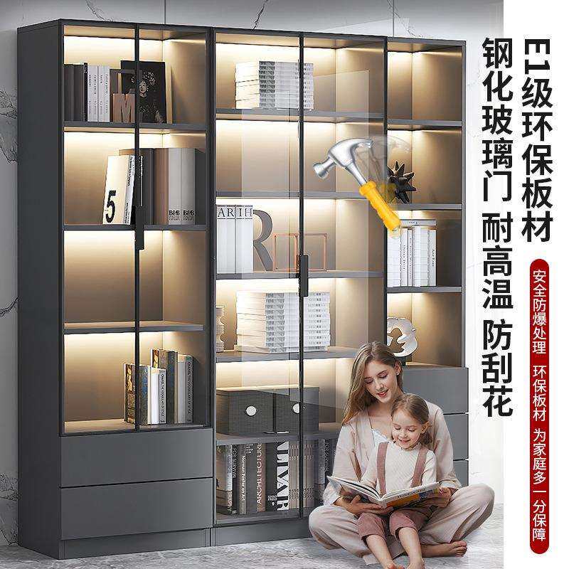 书柜带玻璃门展示酒柜轻奢家用客厅一体柜整墙储物柜客厅实木书柜,淘宝优惠券,粉丝福利购,淘宝优惠卷