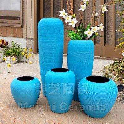 庭院酒店流水陶罐莫兰迪蓝色陶缸插花大花瓶客厅花艺摆件粗陶花盆,淘宝优惠券,粉丝福利购,淘宝优惠卷