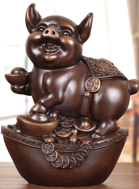 速发实木招财生肖猪摆件客厅玄关博古架办公室中式装饰福猪手工艺