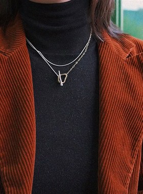 耳边铛401松本惠奈金银撞u色项链OT扣小众设计感锁骨链双层毛衣链