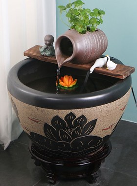 陶瓷鱼缸石槽古法养鱼水循环装饰陶罐流水造景摆件水池花园喷泉