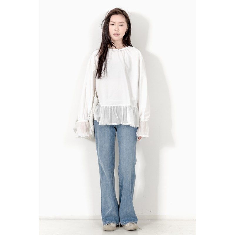 KNgs 春季日系小清新纯色套头白色荷叶边拼接长袖娃娃衫衬衫女,淘宝优惠券,粉丝福利购,淘宝优惠卷