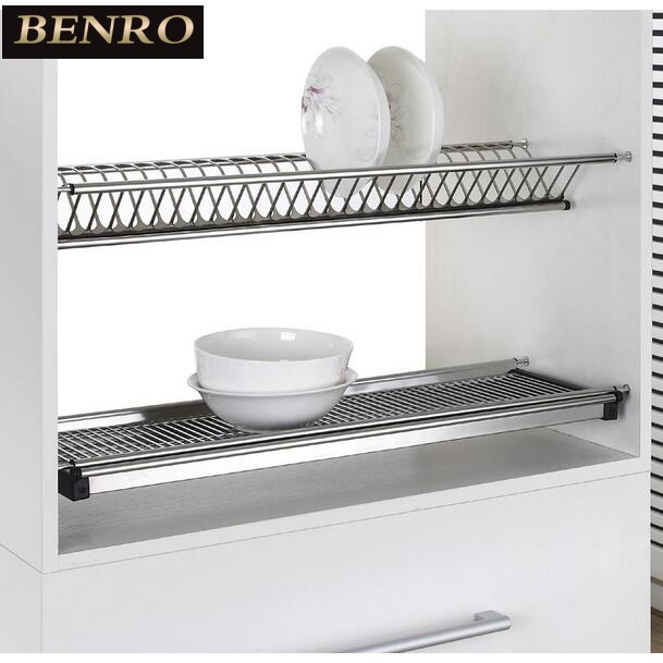 304不锈钢挂式内双层碗盘沥水架打孔拉篮吊柜碗碟架置物收纳架 - 图1