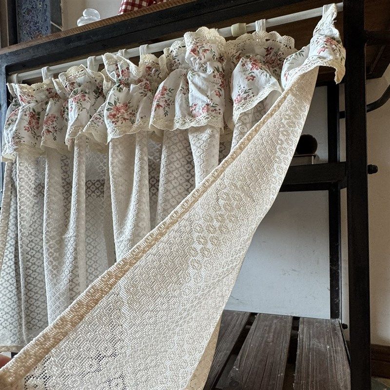新款美式古堡米色蕾丝碎花半帘遮挡帘柜子门帘窗帘免打孔可定制,淘宝优惠券,粉丝福利购,淘宝优惠卷