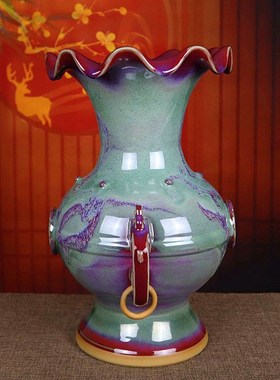 禹州钧瓷花瓶中式古典礼盒装办公室E台面窑变陶瓷摆件绿色太平有