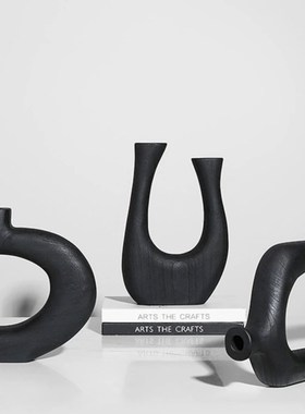 中世纪Wabi-Sabiq黑色碳化木实木抽象雕塑饰品组合住宅客厅入口壁