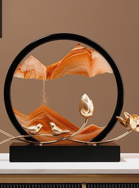 创意新中式荷塘月色流沙画沙漏摆件家居客厅办公室装X饰品乔迁新