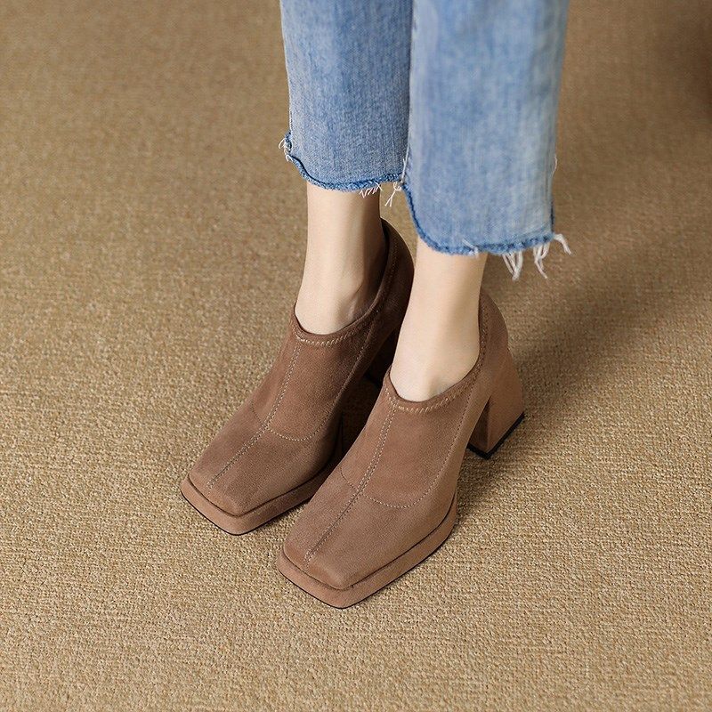 单鞋女深口磨砂一脚蹬2025秋季新款百搭方头防水台粗跟高跟鞋黑色,淘宝优惠券,粉丝福利购,淘宝优惠卷