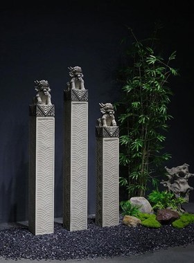 客厅装饰品中国风大房子入口室外景观彷石雕系绳马堆大象地板到天