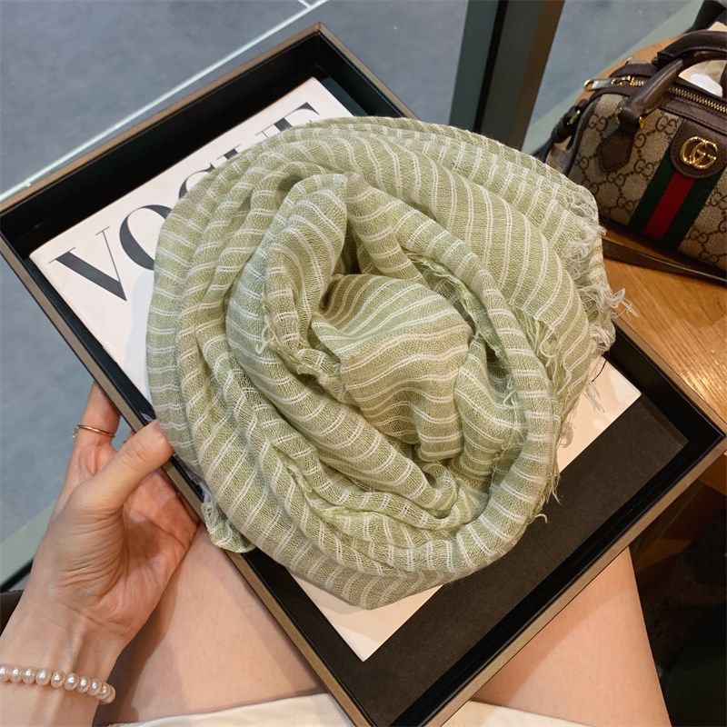 文艺风长款亚麻围巾女2024新款春夏季薄款条纹丝巾旅游拍照披肩潮,淘宝优惠券,粉丝福利购,淘宝优惠卷
