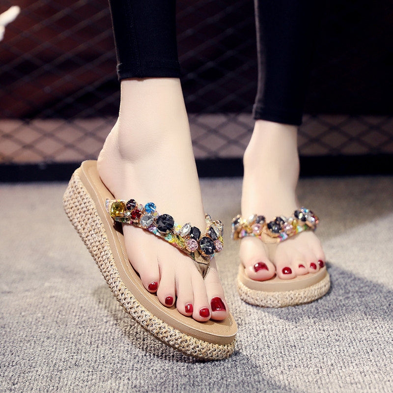 2021时尚外穿新款韩版凉拖水钻网红厚底人字拖女防滑沙滩拖鞋女夏 - 图0