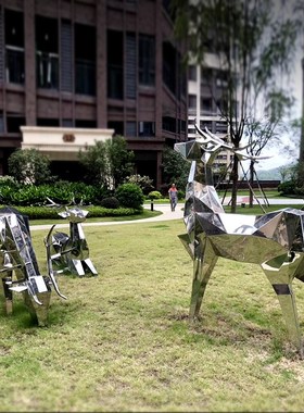 户外不锈钢镜面鹿雕塑金属动物铁艺发光几何鹿来图摆件装饰品定制