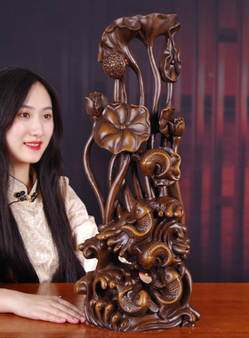 莲花鲤鱼摆件实木雕年年有余乔迁新家居礼品客厅T玄关柜新中式装