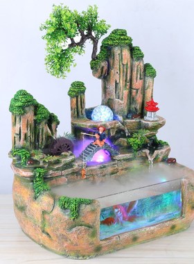 假山流水摆件喷泉循环水车轮桌面玻璃J鱼缸办公室开业送礼加湿器