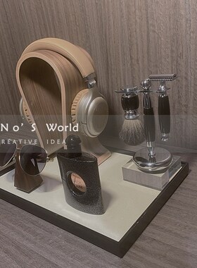 现代简约皮质耳机木质支架样板房间售楼处衣帽间书房卧室饰品摆件