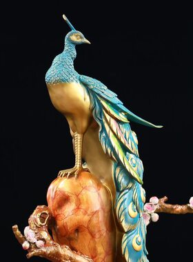 吉祥归来孔雀纯黄铜摆件玄酒柜家居茶社现代中式装饰送礼工艺品