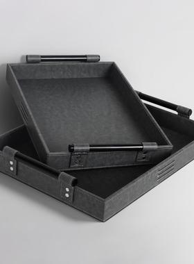 现代简约高端皮质托盘样板房售楼处酒店客厅茶几桌面装饰轻奢摆件