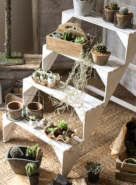 田园实木阶梯花架 多层楼梯台装饰C陈列架 阳台花园客厅多功能摆