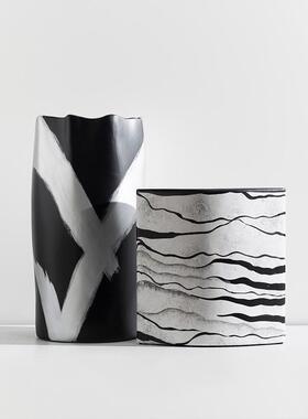 新中式水墨黑白手花间绘树脂花瓶器玄关客水墨花器厅插花样桌板餐