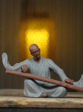 紫砂摆件禅意人物工艺品抚琴和尚玄关博古架装饰品家居复古中式