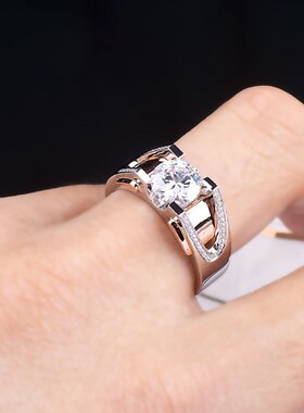 玫瑰金铂金双色戒指仿莫桑石戒指朋克粗犷个性S成熟霸气牛角戒指