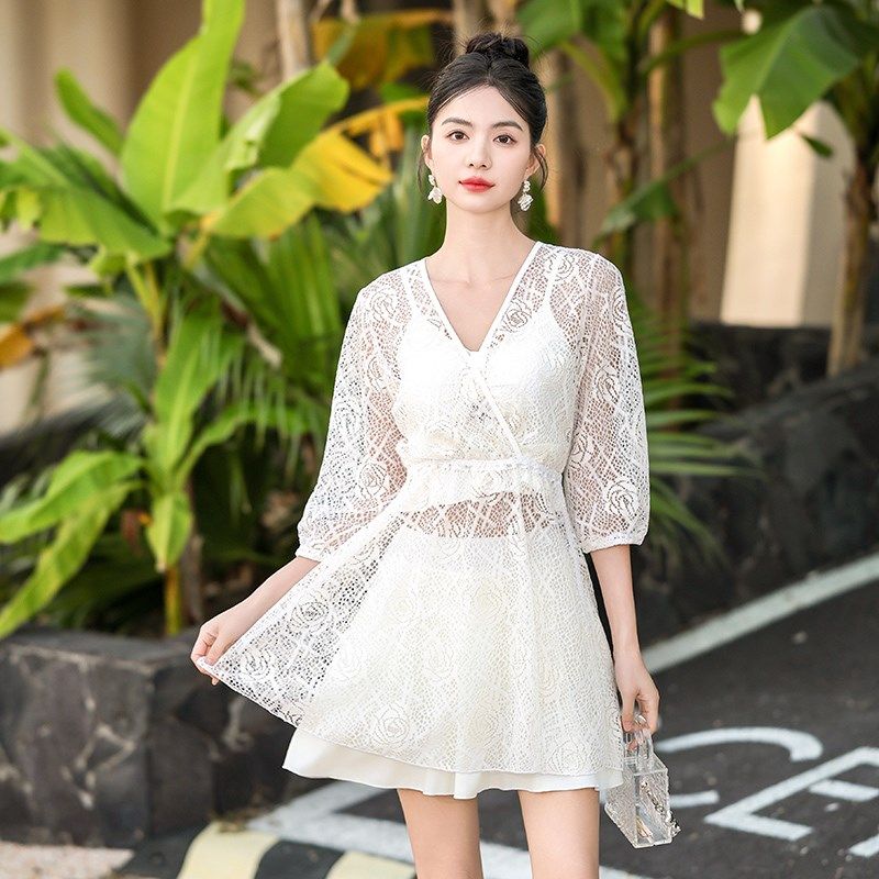 泳衣女高级感分体纯欲温泉微胖女孩三件套大码胖mm纯色裙式游泳装,淘宝优惠券,粉丝福利购,淘宝优惠卷