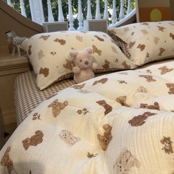 可爱小呆熊 | 卡通双层皱皱纱格子水洗棉四件套全棉公寓床上用品,淘宝优惠券,粉丝福利购,淘宝优惠卷