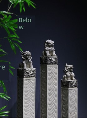 客厅装饰品中国风大房子入口室外景观彷石雕系绳马堆大象地板到天