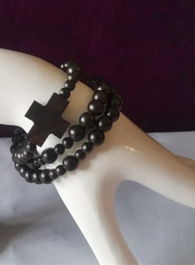 59粒5端天然黑绿红紫檀香木珠弹力绳缠绕十字架玫瑰串珠手链礼物