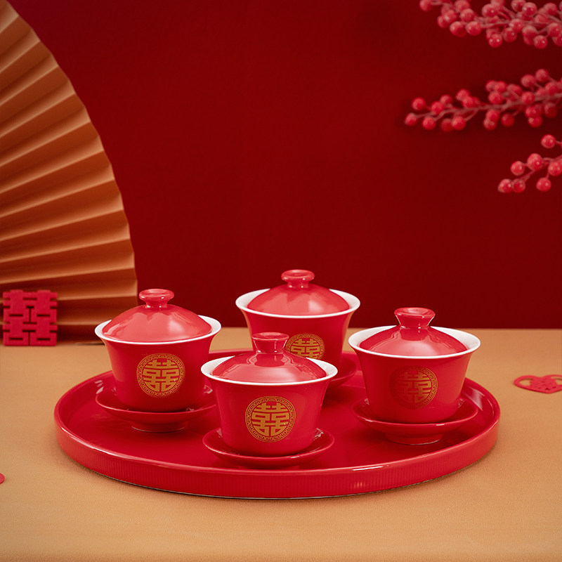 Wedding tea cup modified cup red m-color ceramic cover cup to cup tea set set for home dowry and wedding gifts