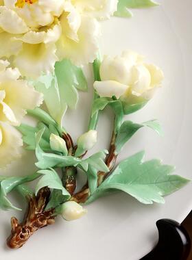 陶瓷手工牡丹花挂盘摆件客厅电视柜酒柜博古架装饰品新居乔迁礼品