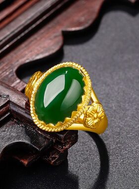 民族风复古仿碧玉戒指小金花镶嵌玉髓指环气质优雅活口可调节饰品