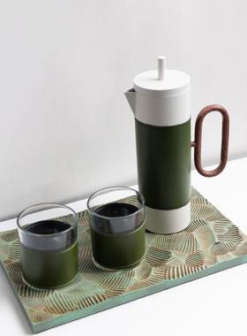 Dnnni绿色咖啡壶托盘摆件轻奢装饰品道具样板房客厅餐厅酒店会所
