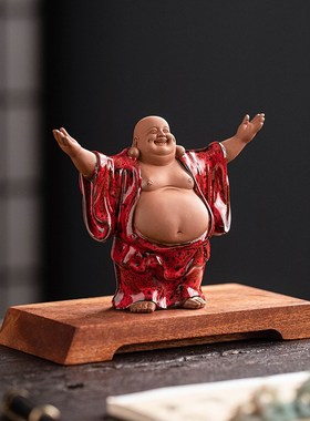 中式禅意大肚弥勒佛摆件陶瓷人物客厅玄关茶桌P桌面装饰工艺品茶