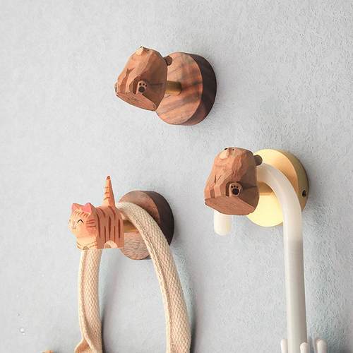 手工实木卡通可爱动物黄铜胡桃木玄关挂钩免打孔收纳挂衣钩黏钩 - 图0