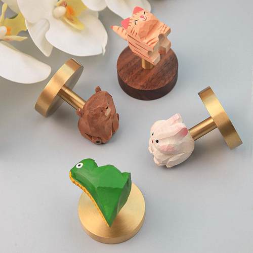 手工实木卡通可爱动物黄铜胡桃木玄关挂钩免打孔收纳挂衣钩黏钩 - 图1