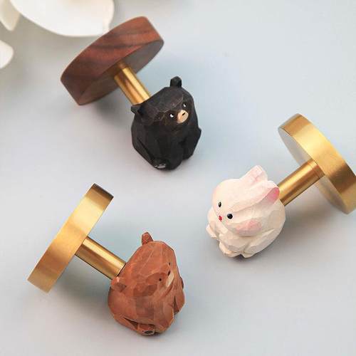 手工实木卡通可爱动物黄铜胡桃木玄关挂钩免打孔收纳挂衣钩黏钩 - 图3
