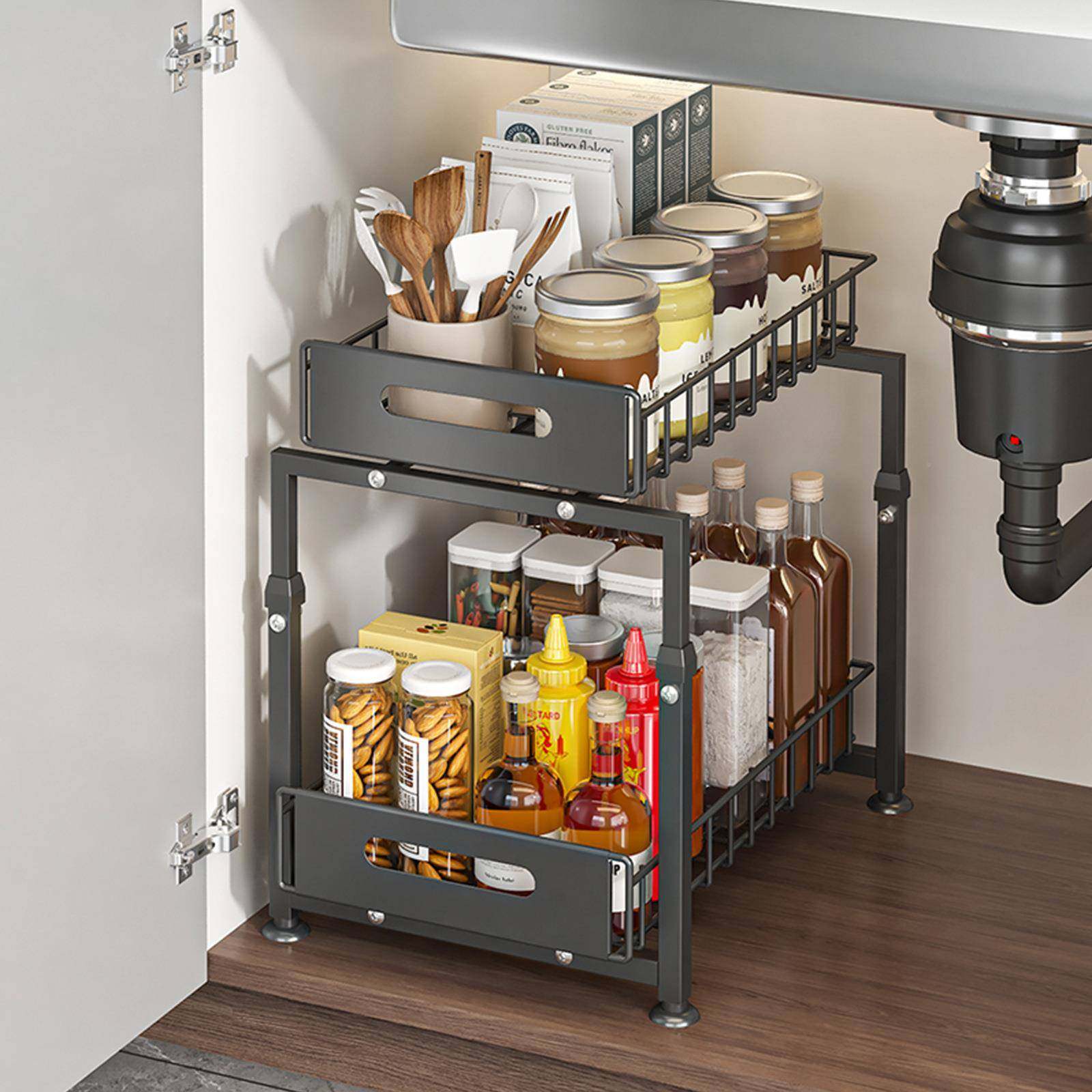 厨房橱柜拉篮水槽置分物架下可调节双层碗碟料收纳RGW调架抽拉式,淘宝优惠券,粉丝福利购,淘宝优惠卷