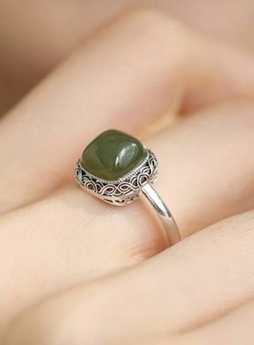 925银复古新中式唐草纹方形戒指环开口K调节和田碧玉轻奢简约高级