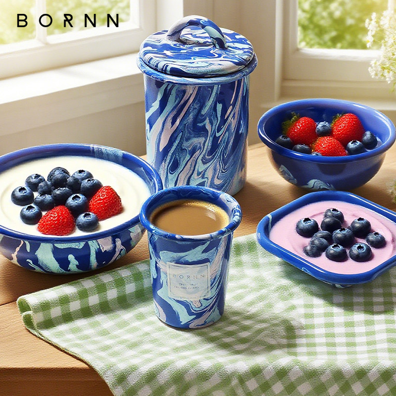 土耳其bornn搪瓷餐具套装 大理石纹餐盘马克杯燕麦碗方盘