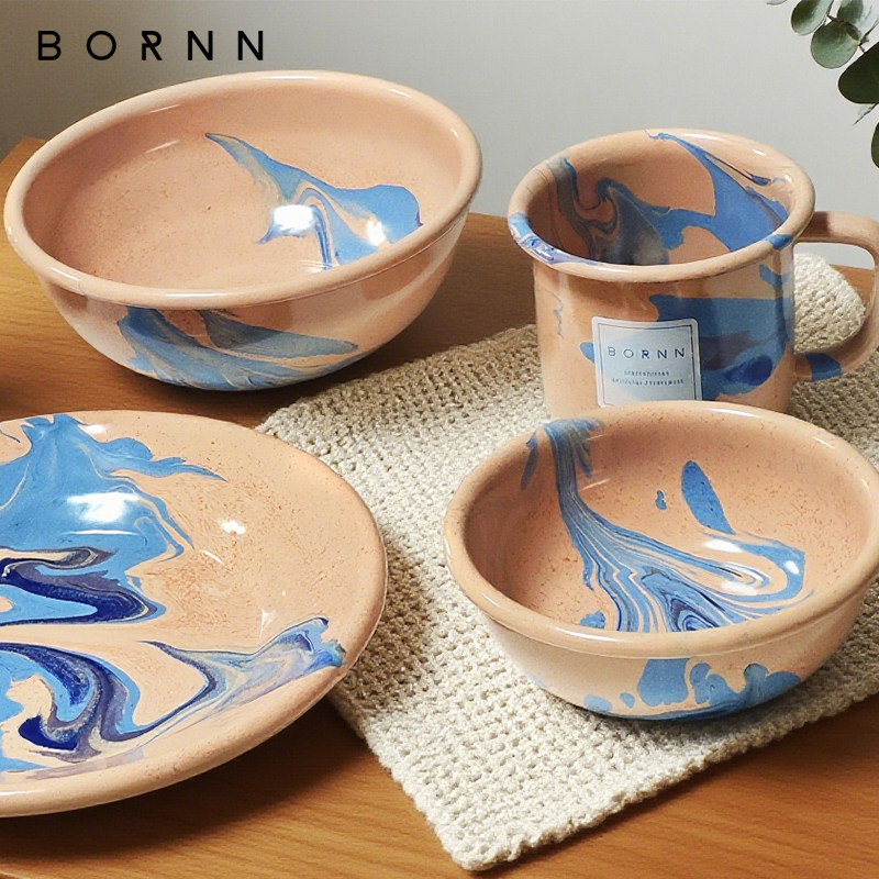 土耳其BORNN搪瓷餐具套装 手工珐琅彩餐盘碗杯壶