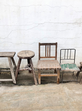 怀旧物件老式榆木农村小板凳旧家具摆件老椅子圆凳U子民俗展示摆