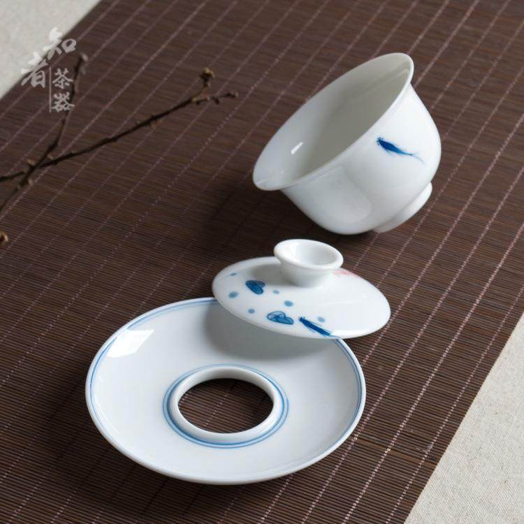 手绘鱼整套功22994佳夫茶具盖瓷碗斗笠杯套装陶瓷高白杯手绘品送,淘宝优惠券,粉丝福利购,淘宝优惠卷
