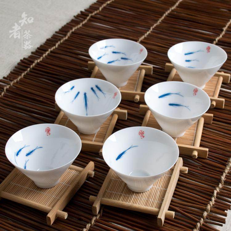 手绘鱼整套功22994佳夫茶具盖瓷碗斗笠杯套装陶瓷高白杯手绘品送,淘宝优惠券,粉丝福利购,淘宝优惠卷