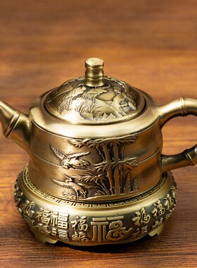 小铜记黄铜竹节茶壶纯铜浮雕刻花水壶工艺品摆件送朋友铜壶装饰品