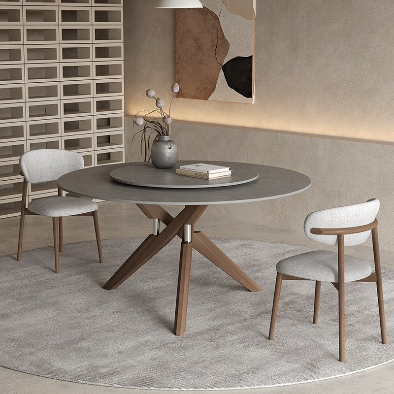 Solid wood round table slate dining table round with turntable modern simple wabi-sabi M style ash wood walnut color branch dining table