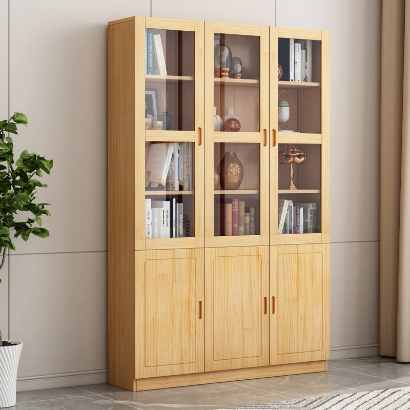 Solid wood bookcase with glass door modern minimalist living room home display cabinet children's pine bookshelf combination storage cabinet